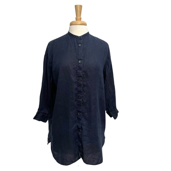 MUJI 100% Hemp Oversized Mandarin Collar Button Front Tunic Top Blue size Medium - Picture 1 of 9